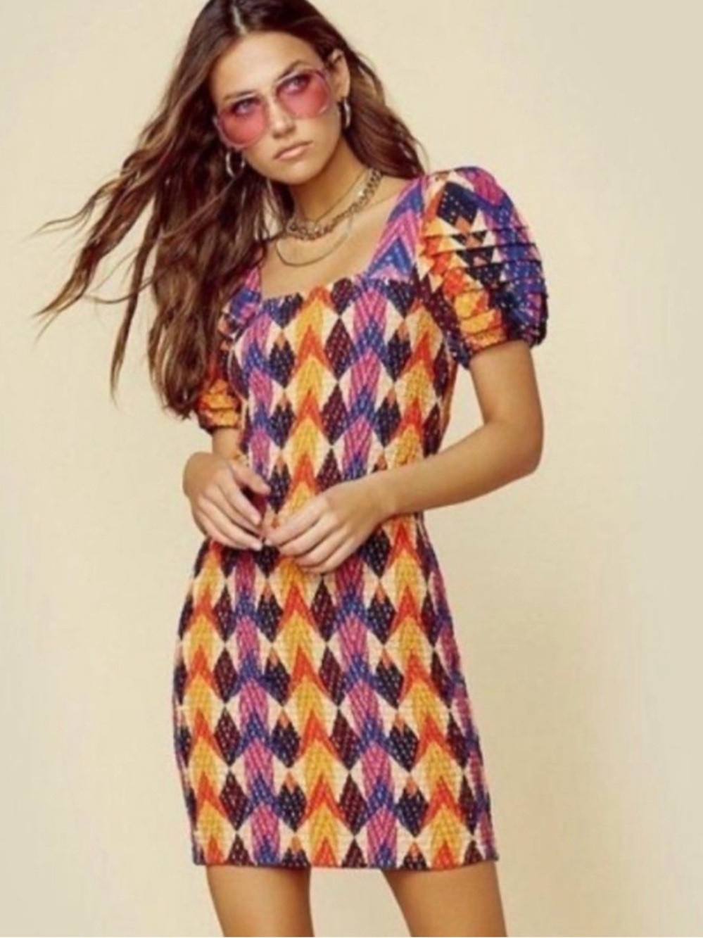 NWT FARM Rio Diamond-Print Puff-Sleeve Mini Dress SZ XS
